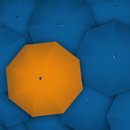 view from above umbrellas, all umbrellas are blue besides one orange
