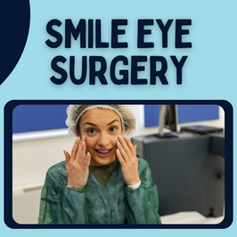 woman wearing a surgical hat and gown with her hands up near her face & text above the photo