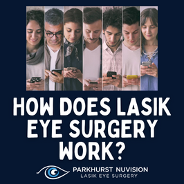 photo split into 7 sections with people looking down at their phones with text reading: how does lasik eye surgery work?