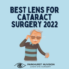 graphic of older man with glasses struggling to look at his phone with text that reads best lens for cataract surgery 2022